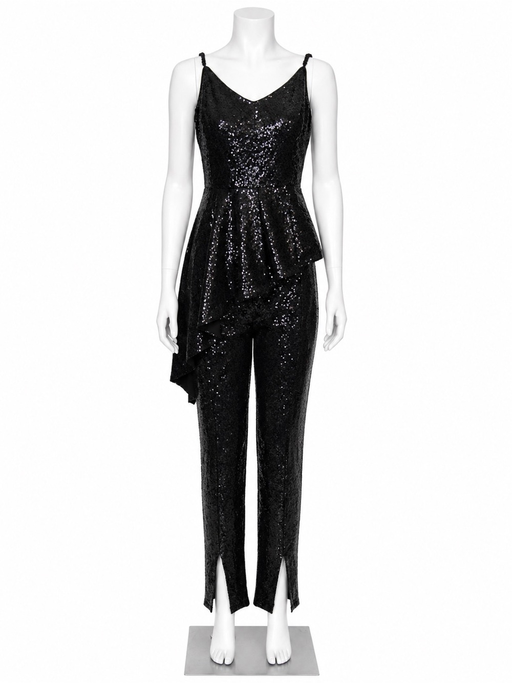 Black Halo Black Sequin Peplum Jumpsuit with Spaghetti Straps
